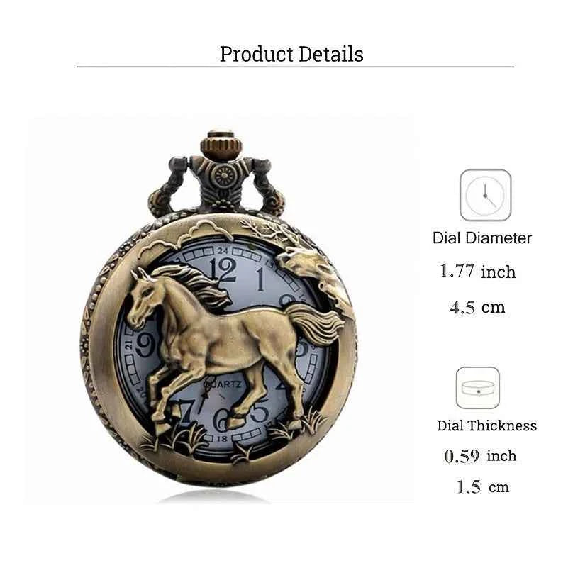 Retro Bronze Hollow Horse Design Quartz Pocket Watch Vintage Necklace Gifts Fashion New Men Women Exquisite Watches Relogios