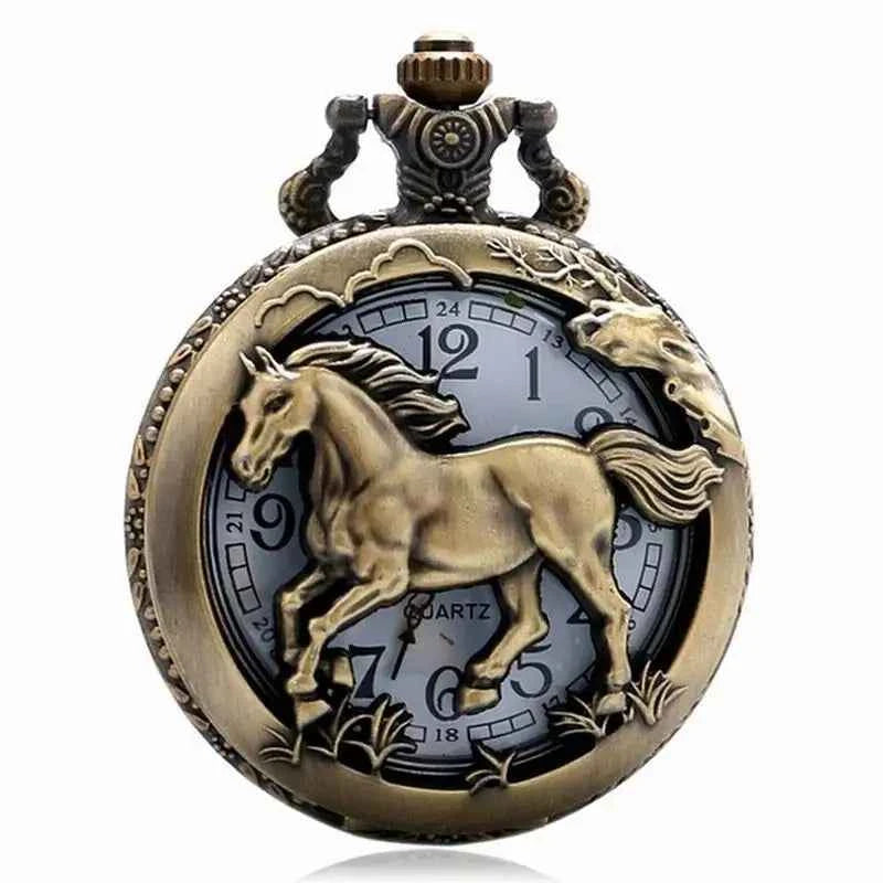 Retro Bronze Hollow Horse Design Quartz Pocket Watch Vintage Necklace Gifts Fashion New Men Women Exquisite Watches Relogios