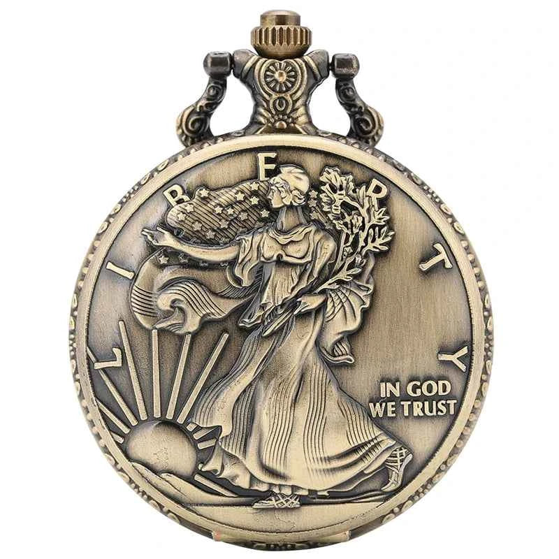 Retro Bronze Statue of Liberty Coin Pattern Collectible Quartz Pocket Watch Gift for Male Women Chronograph Hombre Relojes