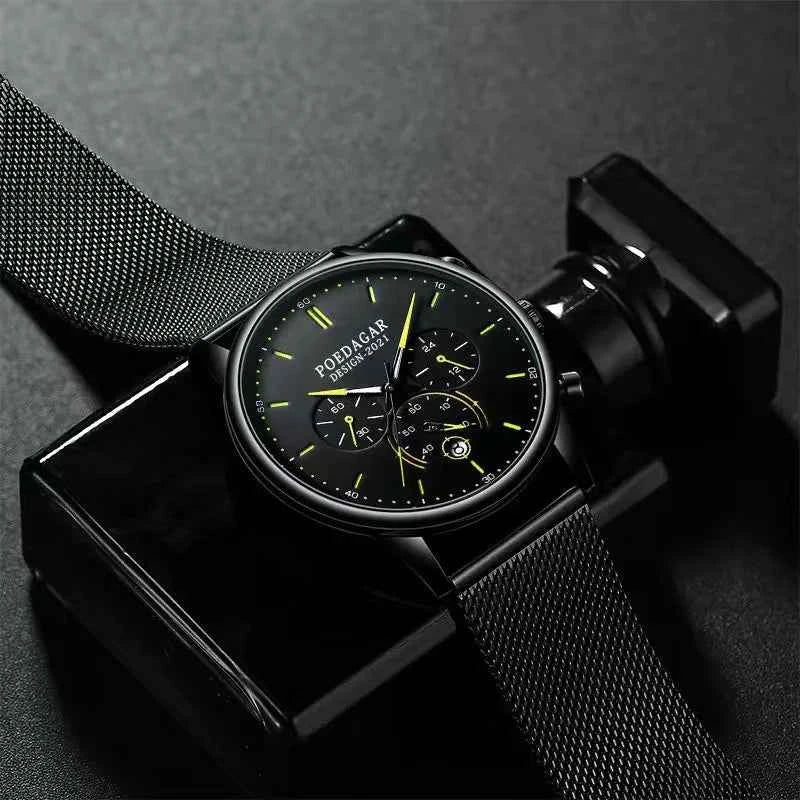 Poedagar Ultra Thin Mesh Belt Mens Watches Sports Chronograph Waterproof Luminous Watch for Men Top Luxury Quartz Wristwatch