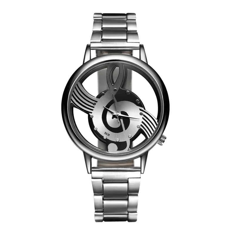 New Luxury Brand Fashion and Casual Music Note Notation Watch Stainless Steel Wristwatch for Men and Women Silver Watches