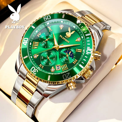 PLAYBOY High Quality Fashion Watch for Men Original Stainless Steel Waterproof Calendar Luxury Multifunction Quartz Men Watch