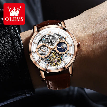 OLEVS Men's Watches Flywheel Hollow Out Full-Automatic Mechanical Wristwatch For Men Waterproof Genuine Leather Moon Phase Watch