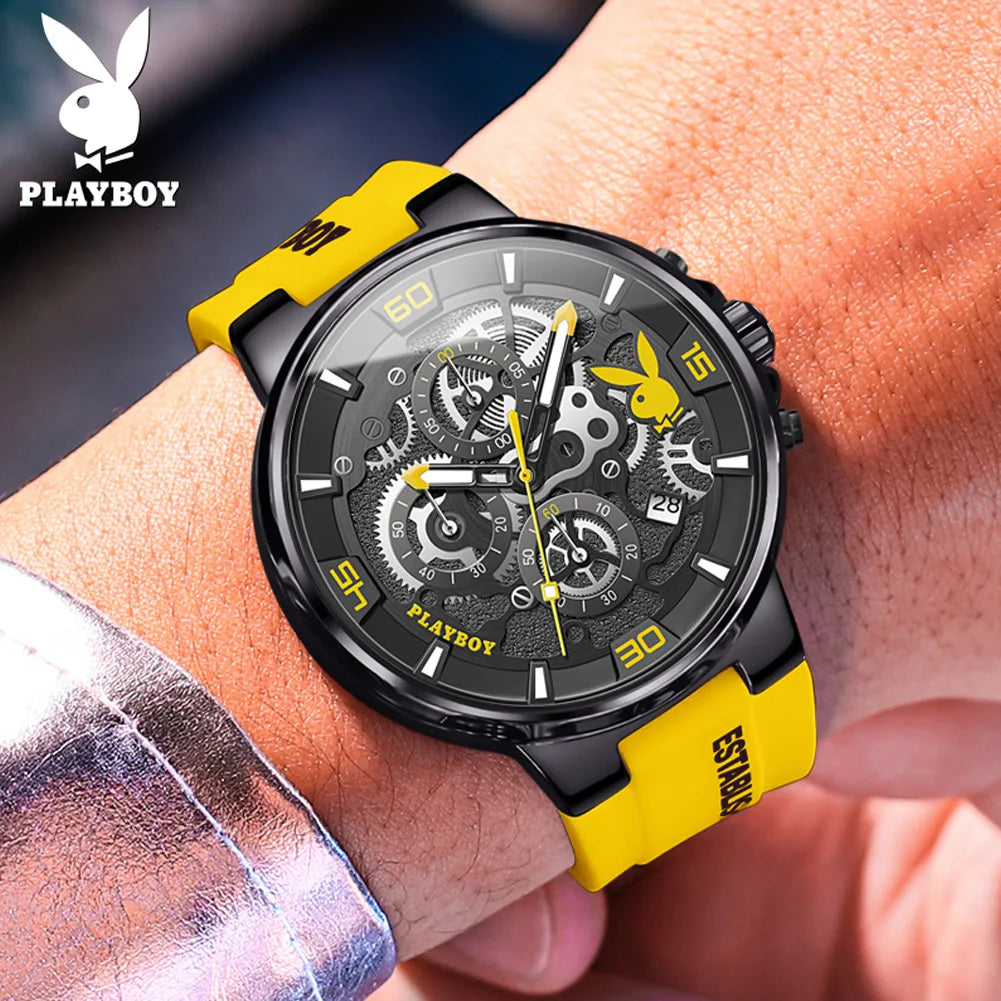 PLAYBOY Luxury Original Watch for Men Silicone Strap Fashion Quartz Men's Wrist Watches Waterproof Luminous Sports Male Watch