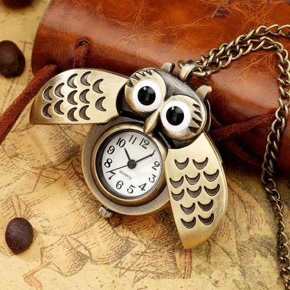 Bronze Mini Owl Keychains Animals  Quartz Pocket Watch Men Fans Souvenir Gifts with 80cm Neck Chain Gift Watch