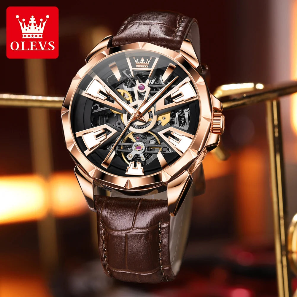 OLEVS Original Fashion Trend Business Men Watch Top Brand High Quality Skeleton Leather Strap Automatic Mechanical Watch for Men