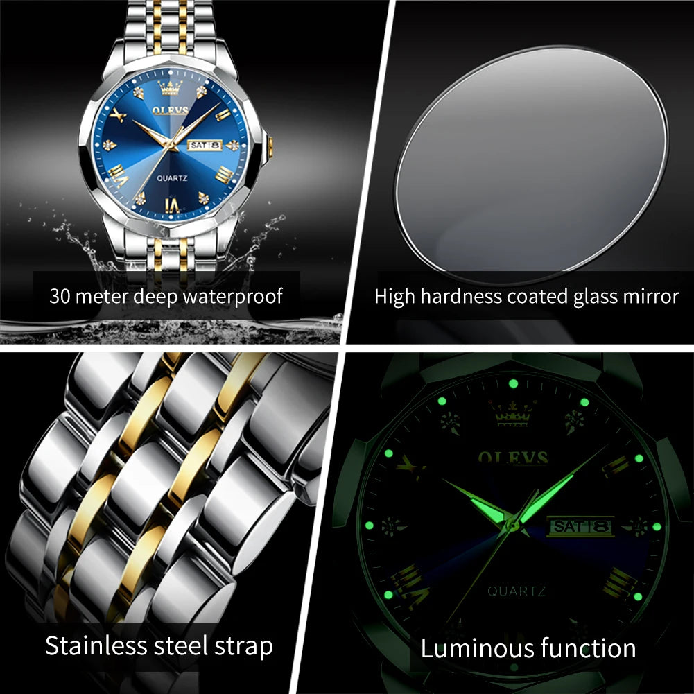 OLEVS New Fashion Top Brand Original Waterproof Watch for Men Luminous Calendar Stainless Steel Business Quartz Wrist Man Watch