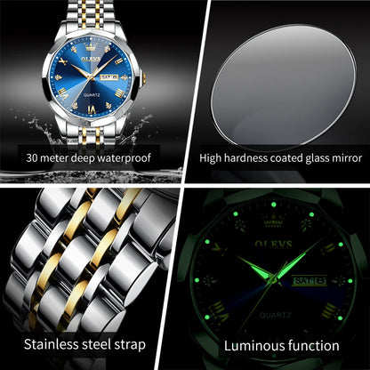 OLEVS New Fashion Top Brand Original Waterproof Watch for Men Luminous Calendar Stainless Steel Business Quartz Wrist Man Watch