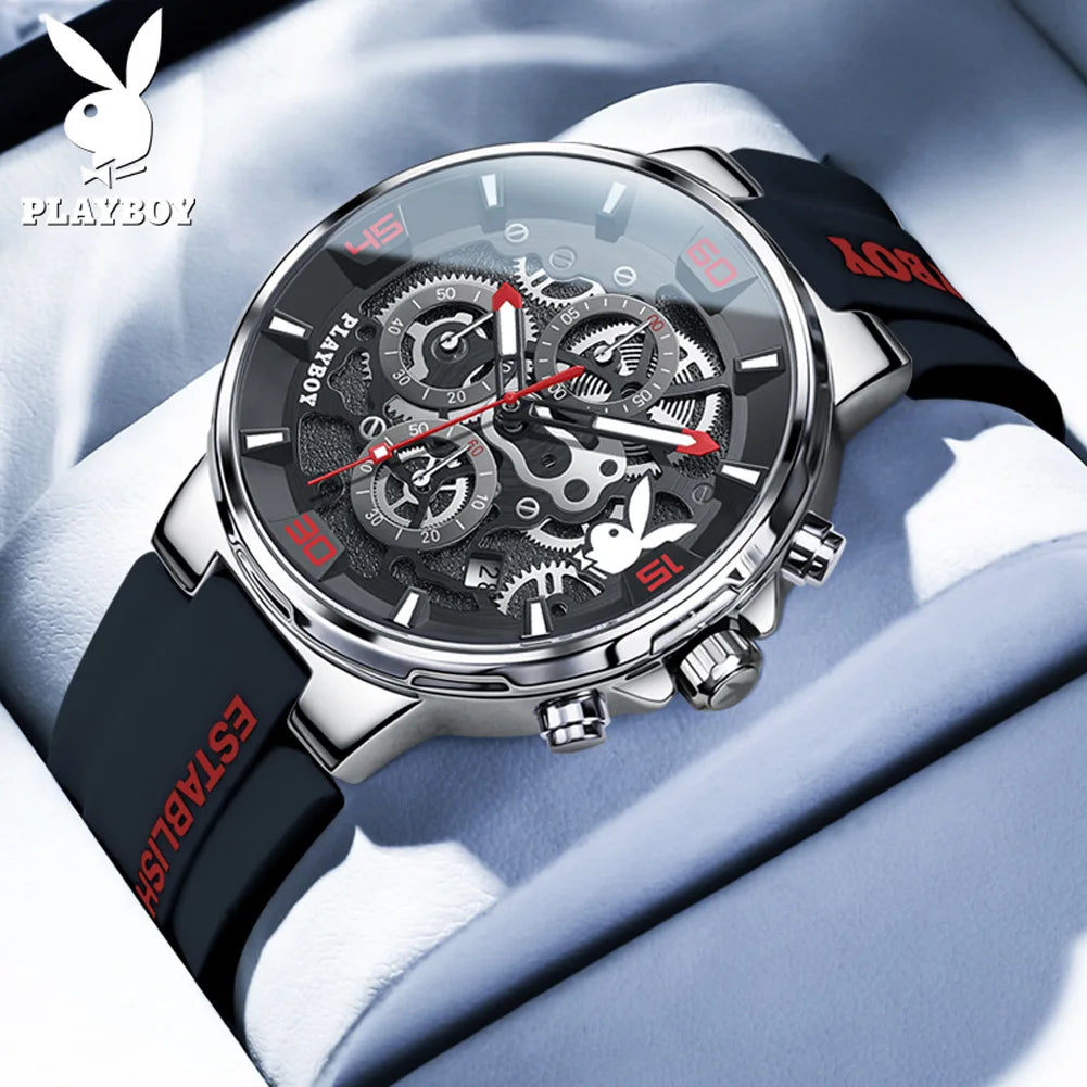 PLAYBOY Fashion Men Watches Top Brand Luxury Silicone Sport Watch Men Quartz Date Waterproof Wristwatch Chronograph Clock Man