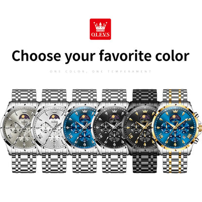 OLEVS Original Fashion Men Watch Stainless Steel Waterproof Luminous Dual Calendar Luxury Multifunction Quartz Men's Wrist Watch