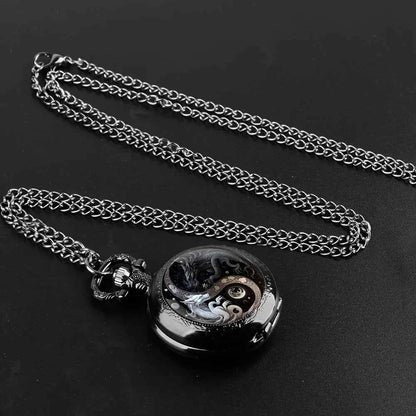 Vintage Black and Silver Dragon Pocket Watch Design with Dual-Tone Golden and Silvery Colors, Precise Quartz Movement  Watch