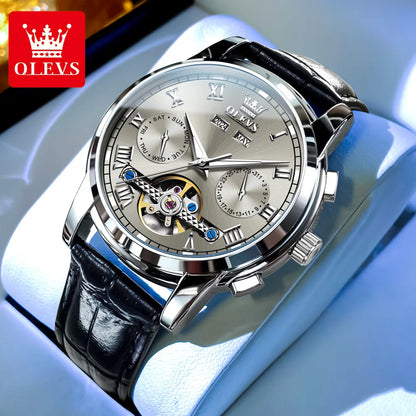 OLEVS Casual Fashion Men's Wrist Watches Best Selling Leather Strap Skeleton Multifunction Luxury Automatic Mechanical Men Watch