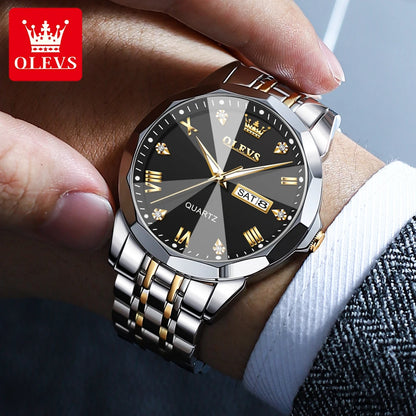 OLEVS Top Brand Original Business New Fashion Waterproof Watch for Men Luminous Calendar Stainless Steel Quartz Wrist Man Watch
