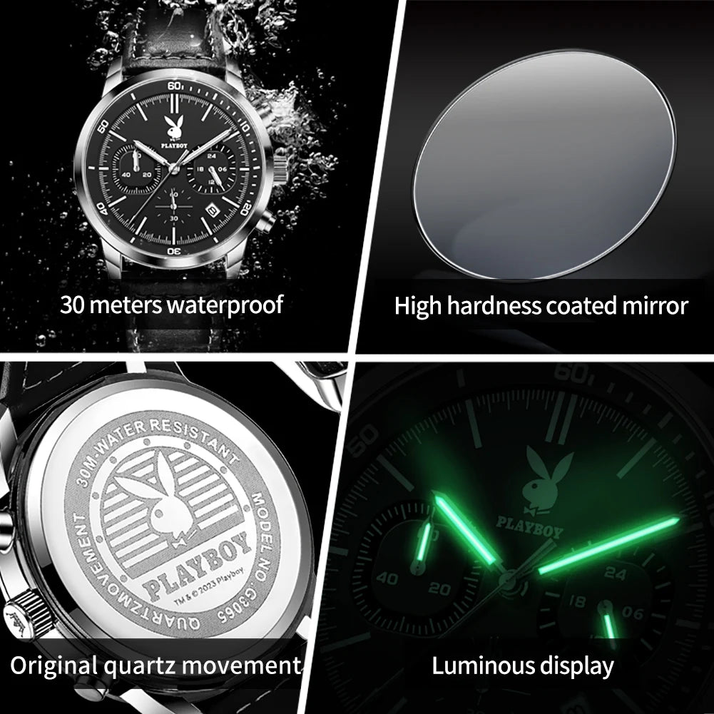 PLAYBOY Top Brand Quartz Watch for Men Original Waterproof Leather Strap Wrist Watch Men Best Selling Fashion Luxury Mens Watch