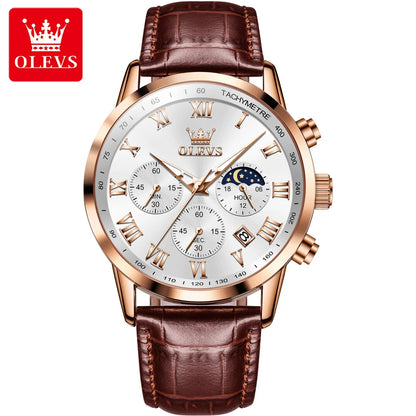 OLEVS Luxury Quartz Watch for Men Business Waterproof Sport Male Watches Leather Strap Moon Phase Wristwatch Relogios Masculino