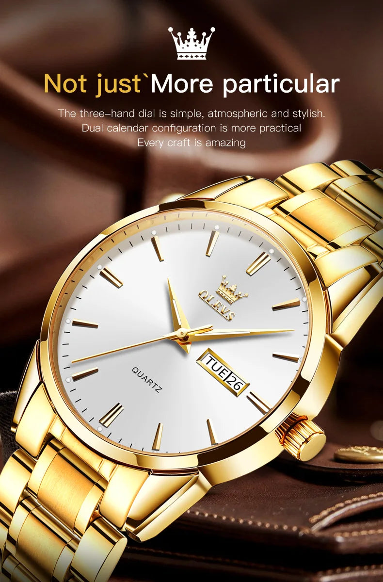 OLEVS Men Watches Waterproof Stainless Steel Quartz Male Wristwatch Gold Watch Fashion Luminous Luxury Calendar Business Clock