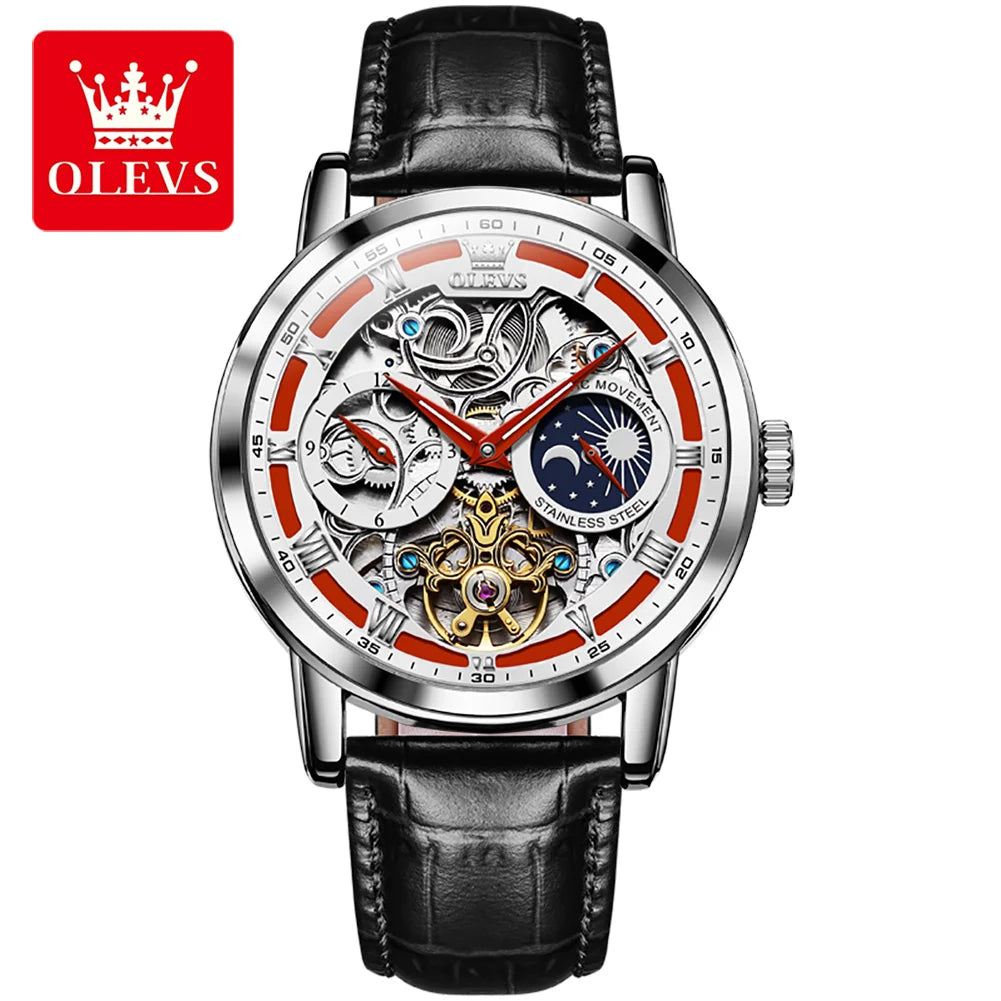 OLEVS Men's Watches Flywheel Hollow Out Full-Automatic Mechanical Wristwatch For Men Waterproof Genuine Leather Moon Phase Watch
