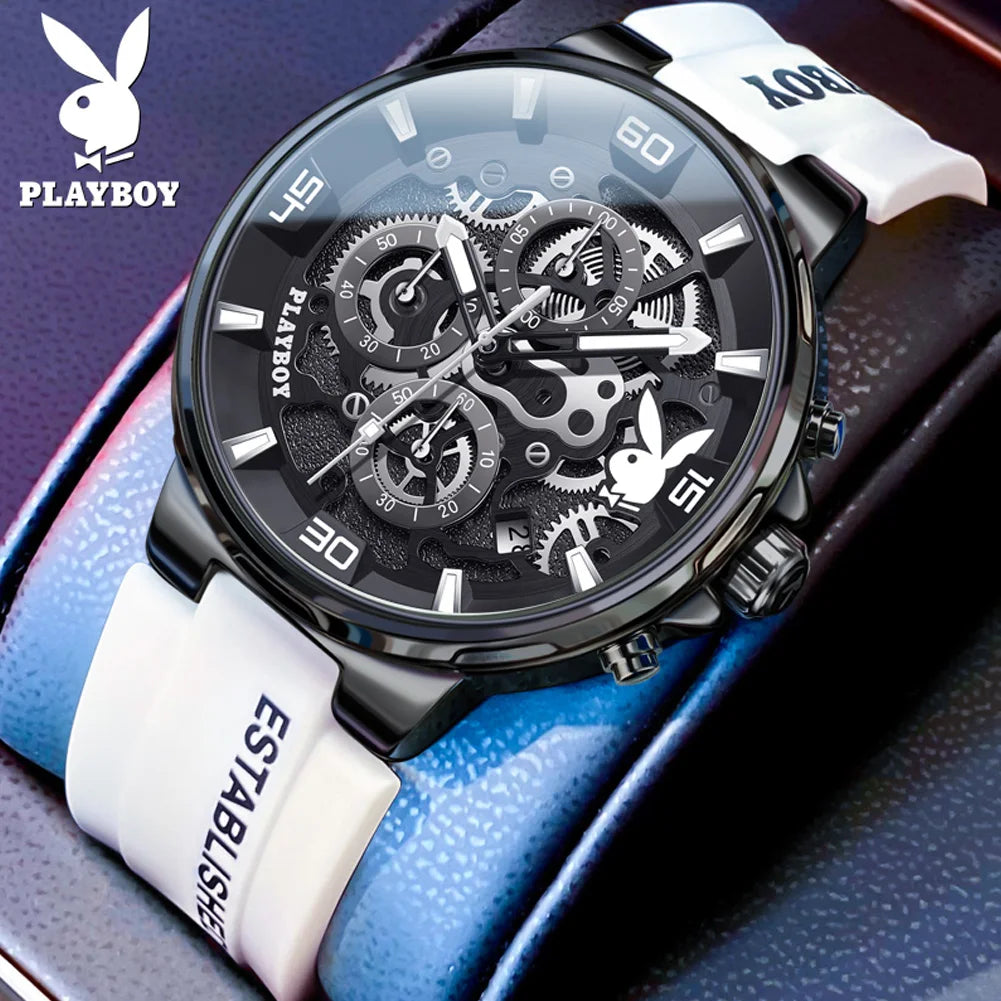 PLAYBOY Luxury Original Watch for Men Silicone Strap Fashion Quartz Men's Wrist Watches Waterproof Luminous Sports Male Watch