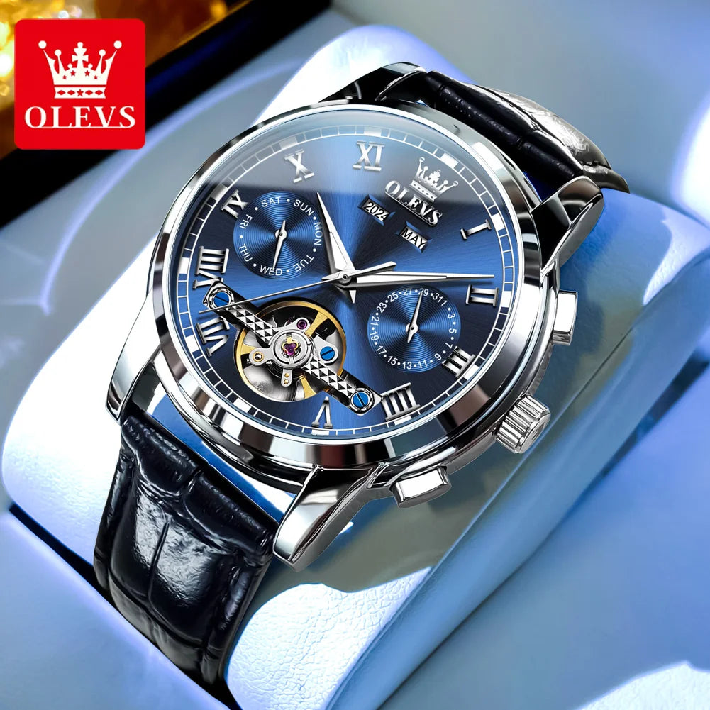 OLEVS Casual Fashion Men's Wrist Watches Best Selling Leather Strap Skeleton Multifunction Luxury Automatic Mechanical Men Watch