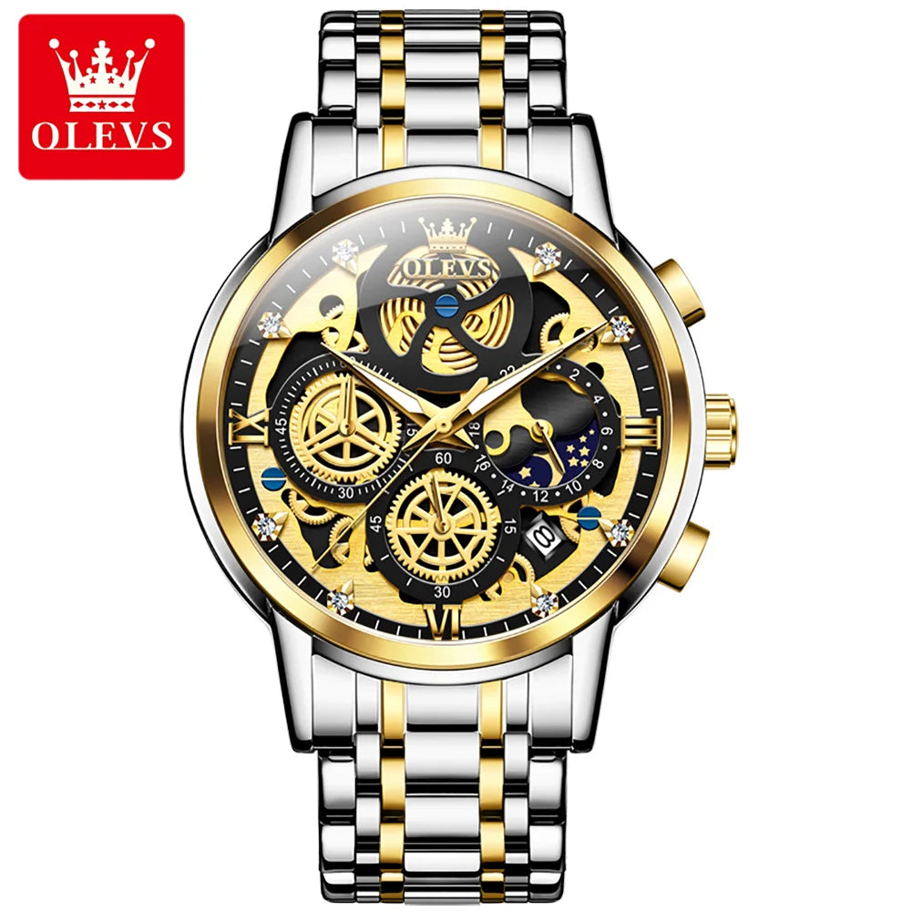 OLEVS Top Brand Men's Watches Luxury Waterproof Quartz Watch For Men Gold Skeleton Fashion Style Male Wristwatches Reloj Hombre