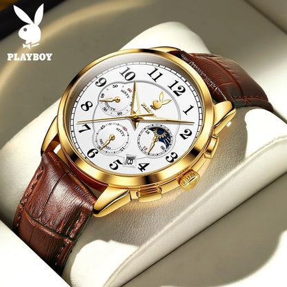 PLAYBOY Fashion Luxury Multifunction Quartz Men's Watches Original Waterproof Calendar Luminous Leather Strap Wrist Watch Men