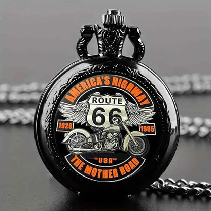 Vintage Classic Route 66 American Highway Pocket Watch Design with Dual-Tone Black Colors, Precise Quartz Movement  Watch Gift