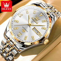 OLEVS Casual Fashion Men Watch Original Stainless Steel Waterproof Dual Calendar Luxury Automatic Mechanical Men's Wrist Watches