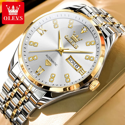 OLEVS Casual Fashion Men Watch Original Stainless Steel Waterproof Dual Calendar Luxury Automatic Mechanical Men's Wrist Watches