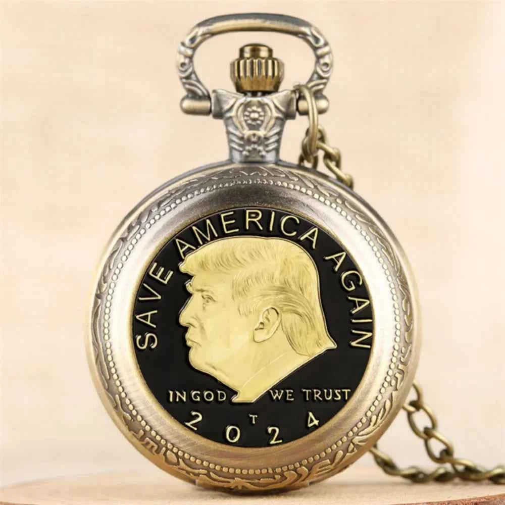 Vintage Style "SAVE AMERICA AGAIN" Trump Memorial Pocket Watch Retro Fashion Necklace Chain Watch Best Gift For Women and Men