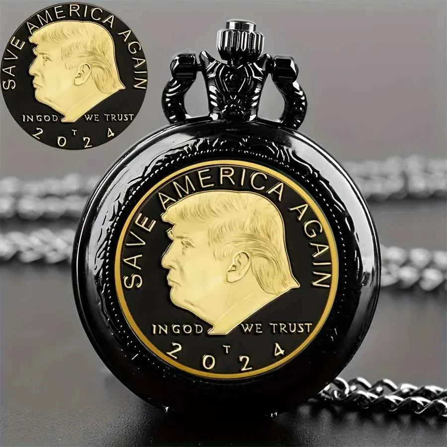Vintage Style "SAVE AMERICA AGAIN" Trump Memorial Pocket Watch Retro Fashion Necklace Chain Watch Best Gift For Women and Men