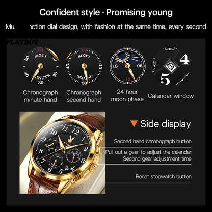 PLAYBOY Fashion Luxury Multifunction Quartz Men's Watches Original Waterproof Calendar Luminous Leather Strap Wrist Watch Men