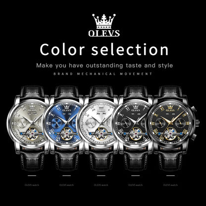 OLEVS Casual Fashion Men's Wrist Watches Best Selling Leather Strap Skeleton Multifunction Luxury Automatic Mechanical Men Watch