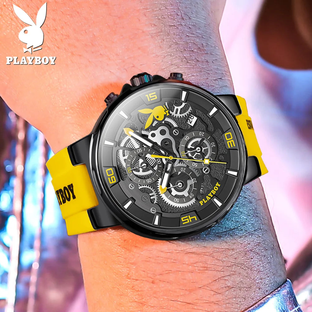 PLAYBOY Luxury Original Watch for Men Silicone Strap Fashion Quartz Men's Wrist Watches Waterproof Luminous Sports Male Watch