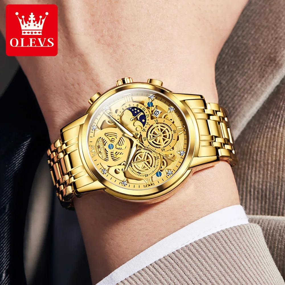 OLEVS Top Brand Men's Watches Luxury Waterproof Quartz Watch For Men Gold Skeleton Fashion Style Male Wristwatches Reloj Hombre