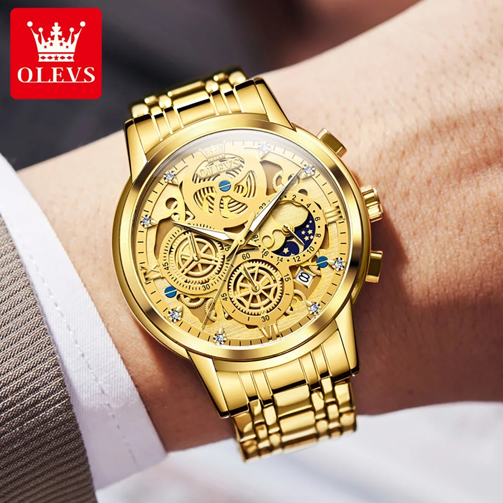 OLEVS Top Brand Men's Watches Luxury Waterproof Quartz Watch For Men Gold Skeleton Fashion Style Male Wristwatches Reloj Hombre