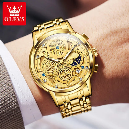 OLEVS Top Brand Men's Watches Luxury Waterproof Quartz Watch For Men Gold Skeleton Fashion Style Male Wristwatches Reloj Hombre