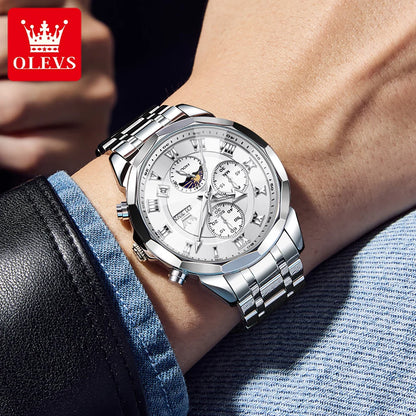 OLEVS High Quality Fashion Business Men Watch Original Stainless Steel Waterproof Multifunction New Quartz Men's Wrist Watches