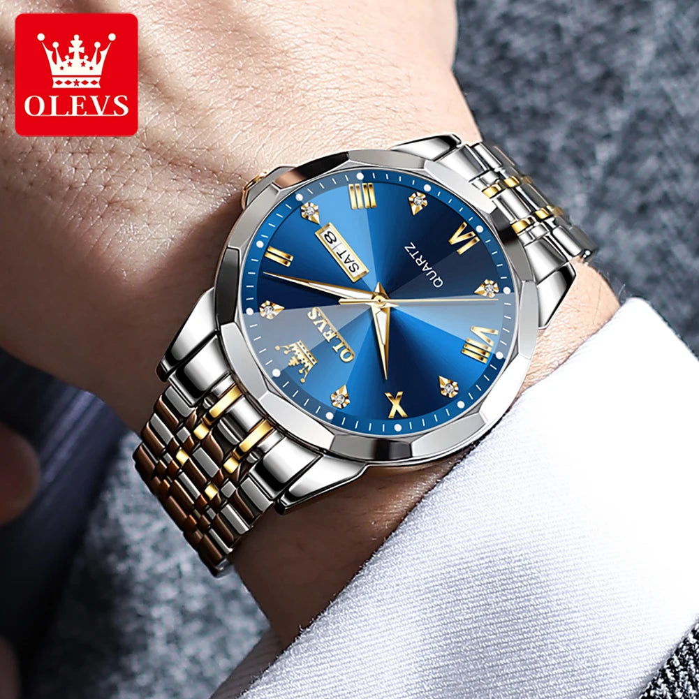 OLEVS New Fashion Top Brand Original Waterproof Watch for Men Luminous Calendar Stainless Steel Business Quartz Wrist Man Watch
