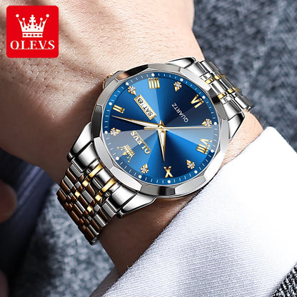 OLEVS New Fashion Top Brand Original Waterproof Watch for Men Luminous Calendar Stainless Steel Business Quartz Wrist Man Watch