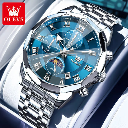 OLEVS High Quality Fashion Business Men Watch Original Stainless Steel Waterproof Multifunction New Quartz Men's Wrist Watches