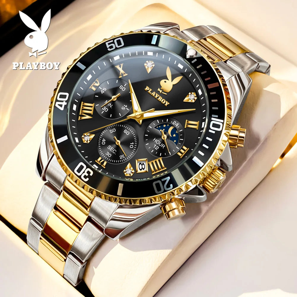 PLAYBOY High Quality Fashion Watch for Men Original Stainless Steel Waterproof Calendar Luxury Multifunction Quartz Men Watch