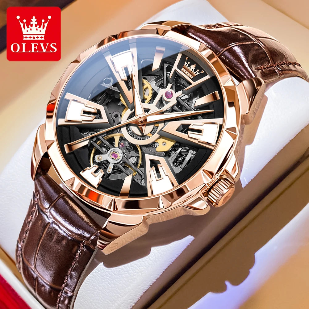 OLEVS Original Fashion Trend Business Men Watch Top Brand High Quality Skeleton Leather Strap Automatic Mechanical Watch for Men