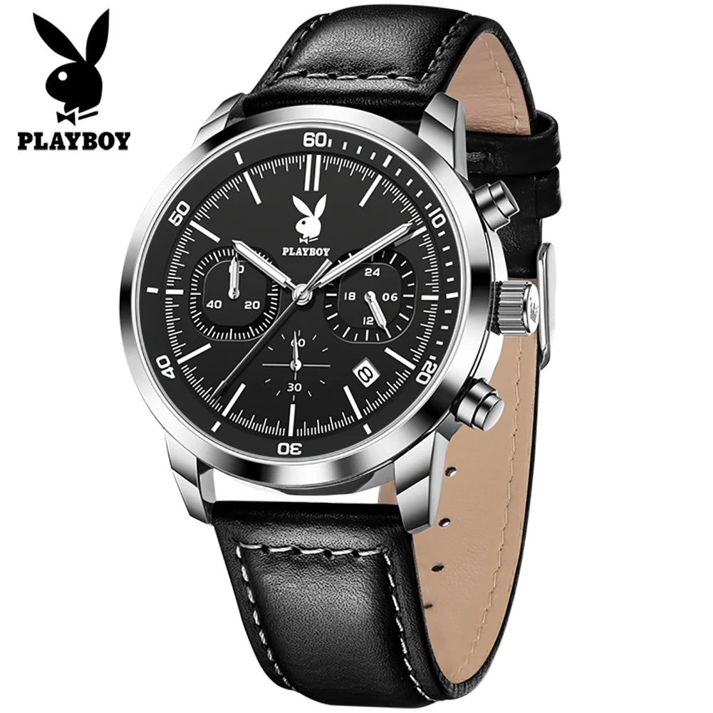 PLAYBOY Top Brand Quartz Watch for Men Original Waterproof Leather Strap Wrist Watch Men Best Selling Fashion Luxury Mens Watch