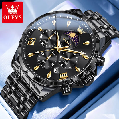 OLEVS Original Fashion Men Watch Stainless Steel Waterproof Luminous Dual Calendar Luxury Multifunction Quartz Men's Wrist Watch