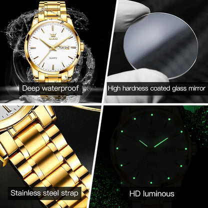 OLEVS Men Watches Waterproof Stainless Steel Quartz Male Wristwatch Gold Watch Fashion Luminous Luxury Calendar Business Clock