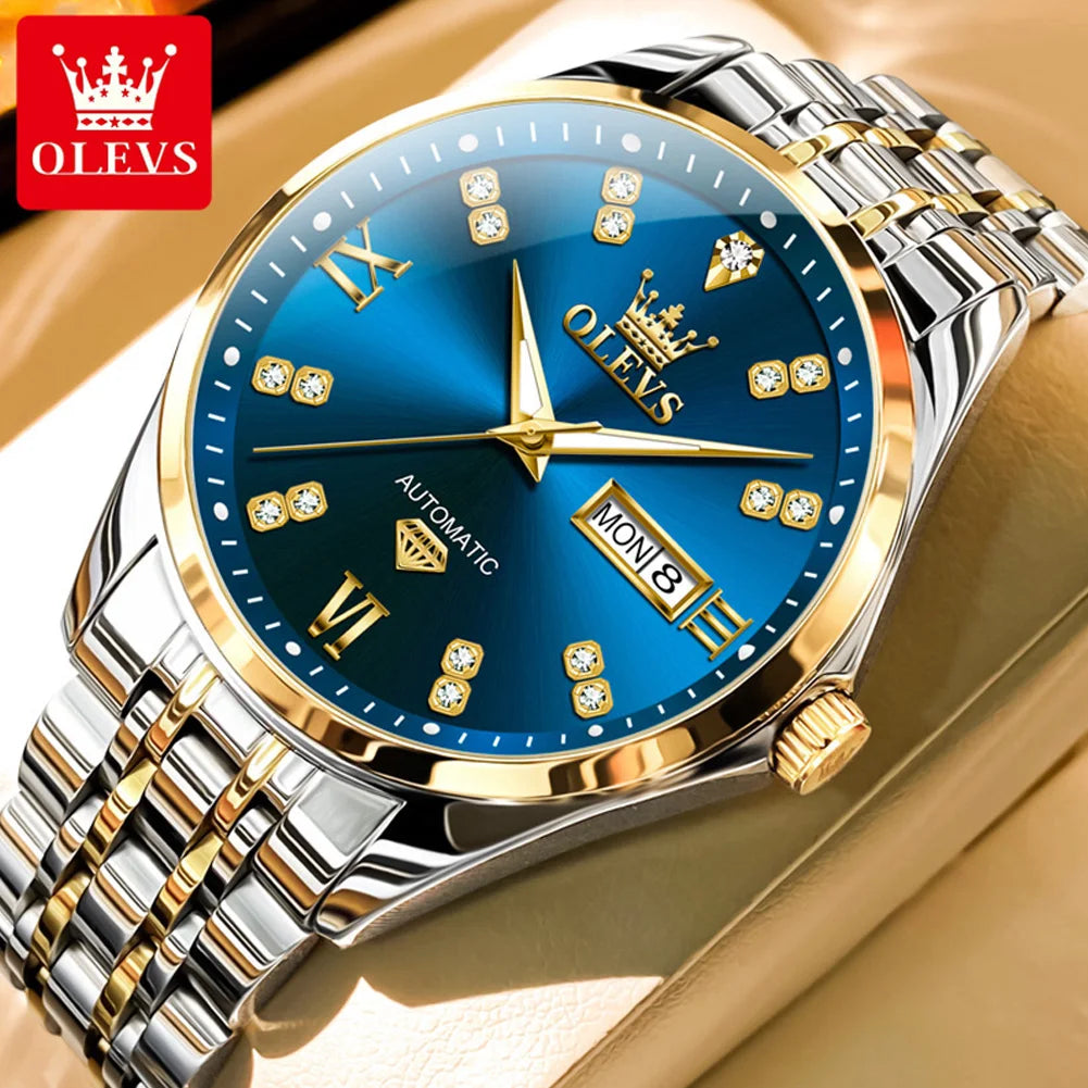 OLEVS Casual Fashion Men Watch Original Stainless Steel Waterproof Dual Calendar Luxury Automatic Mechanical Men's Wrist Watches