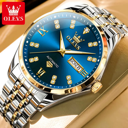 OLEVS Casual Fashion Men Watch Original Stainless Steel Waterproof Dual Calendar Luxury Automatic Mechanical Men's Wrist Watches