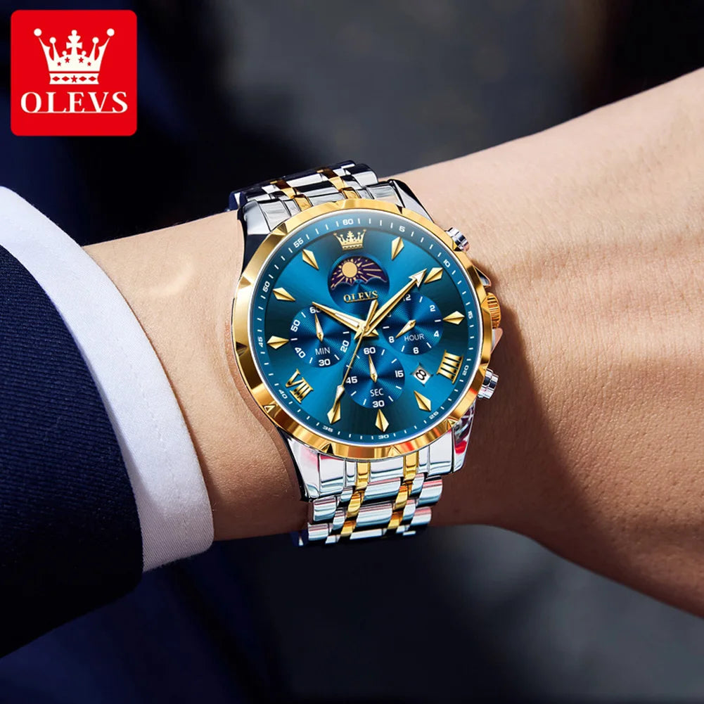 OLEVS Original Fashion Men Watch Stainless Steel Waterproof Luminous Dual Calendar Luxury Multifunction Quartz Men's Wrist Watch