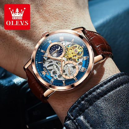 OLEVS Men's Watches Flywheel Hollow Out Full-Automatic Mechanical Wristwatch For Men Waterproof Genuine Leather Moon Phase Watch