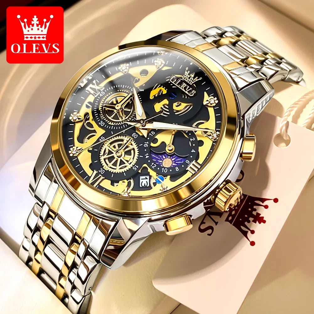 OLEVS Top Brand Men's Watches Luxury Waterproof Quartz Watch For Men Gold Skeleton Fashion Style Male Wristwatches Reloj Hombre